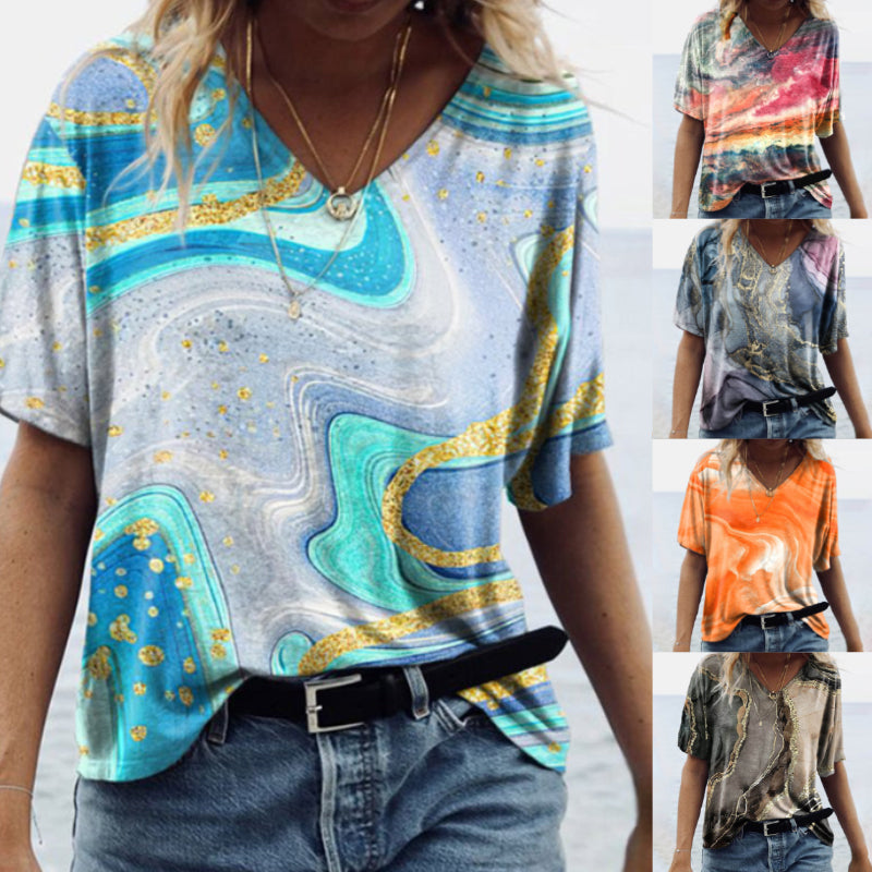 V Neck Marble Print T-Shirt