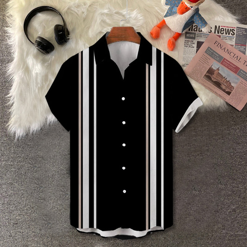 Vintage White Stripe Turndown Collar  Short Sleeve Shirt