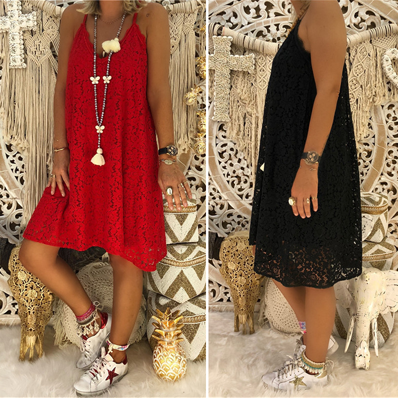 Women's Summer Plain Sleeveless V-neck Sling Lace Loose Dress