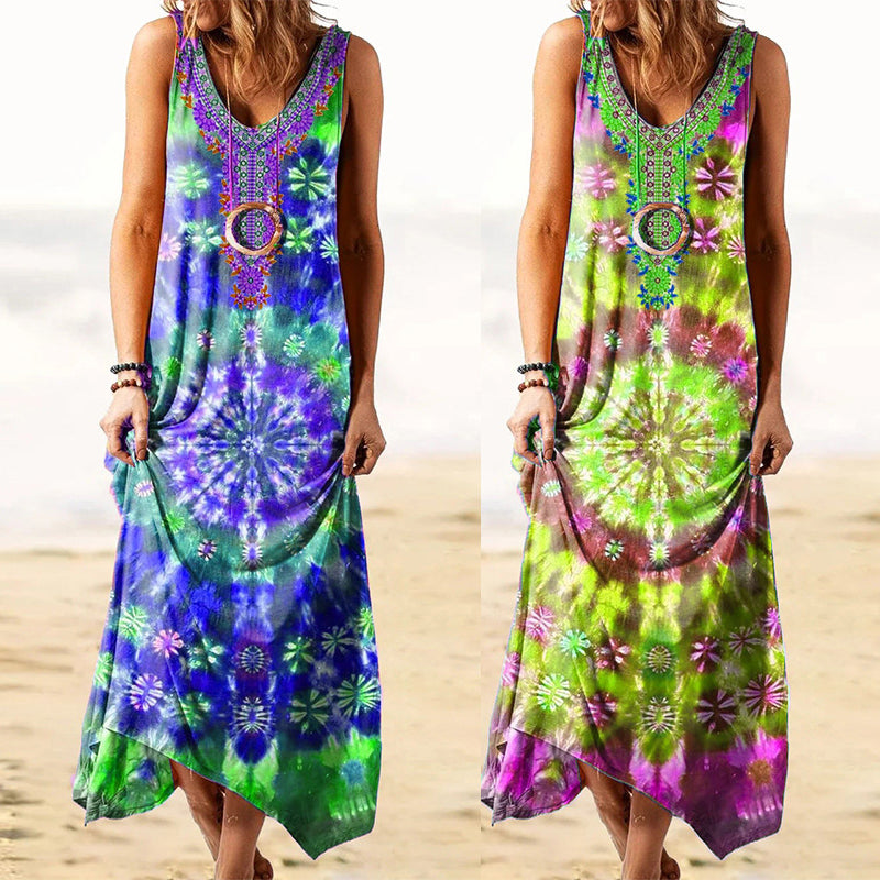 Women's Tie-dye Loose Print Sleeveless Dress