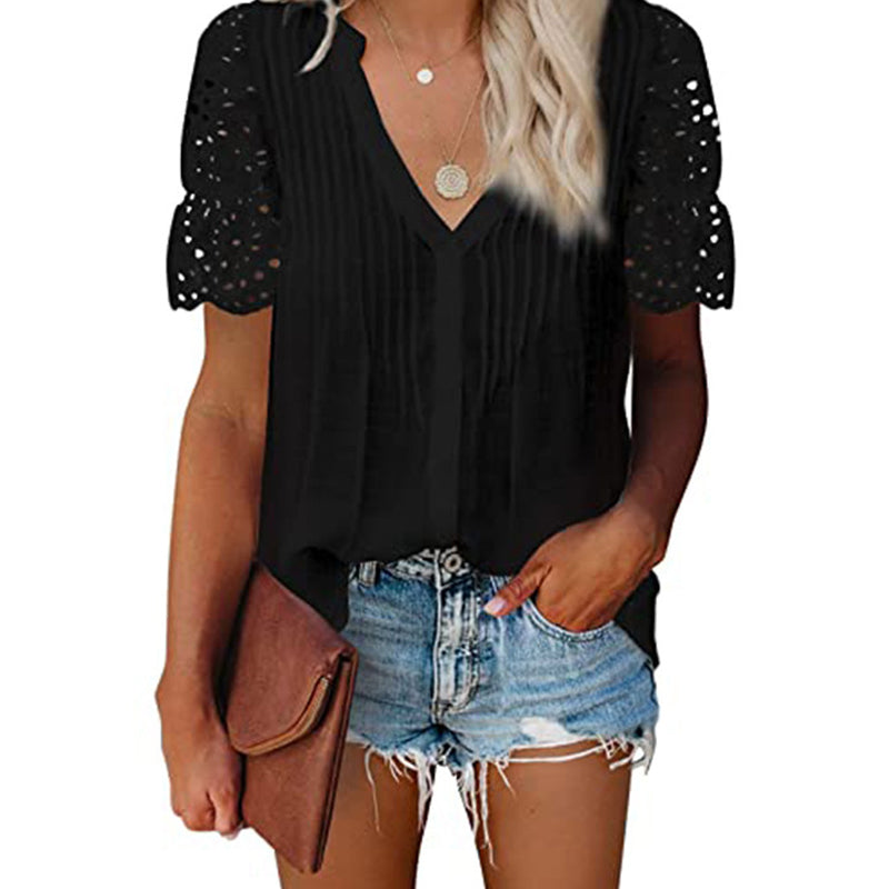 Women's V-Necklace Stitching Pleated Shirt