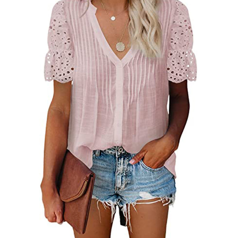 Women's V-Necklace Stitching Pleated Shirt