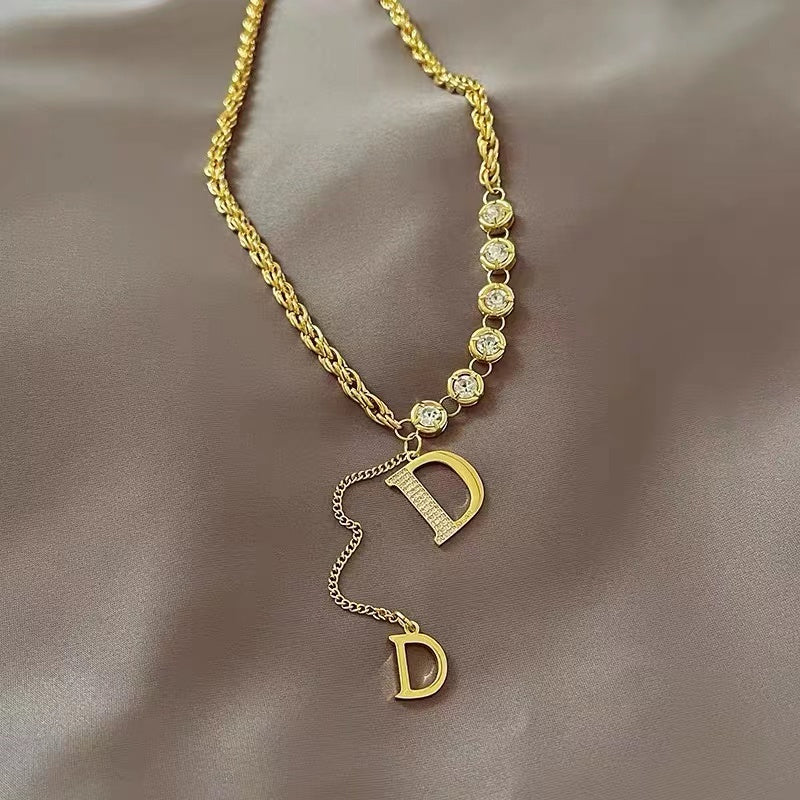 Zircon Letter D Pendant Long Necklace