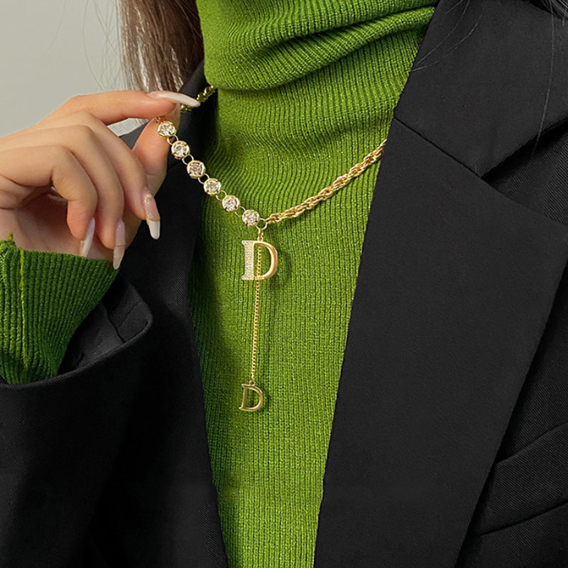 Zircon Letter D Pendant Long Necklace