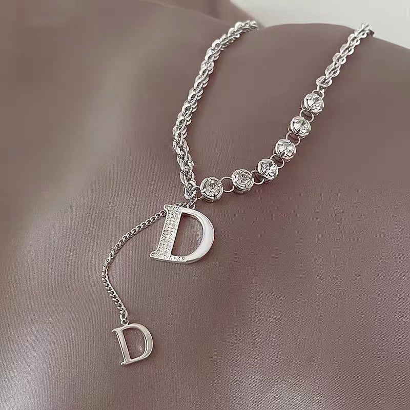 Zircon Letter D Pendant Long Necklace