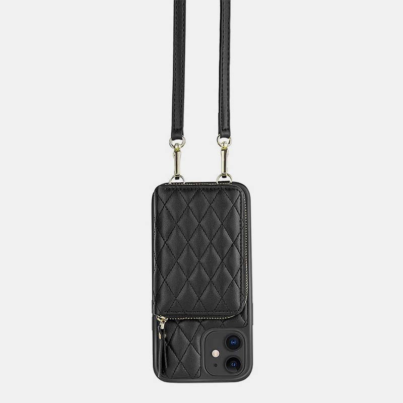 iPhone Phone Case Quilted Leather Wallet Case Card Holder with Crossbody Strap