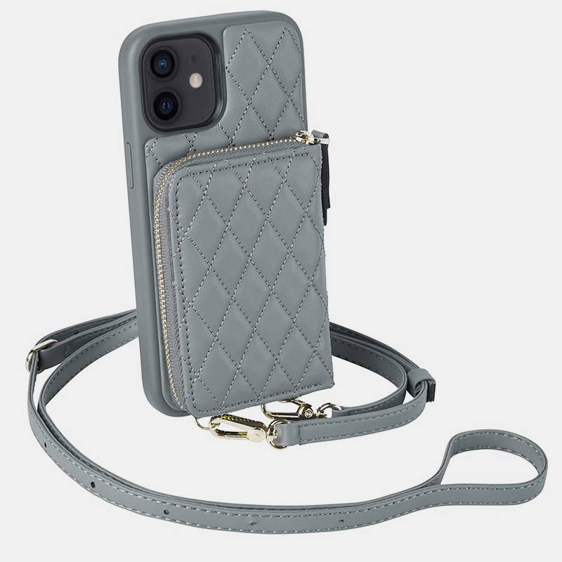 iPhone Phone Case Quilted Leather Wallet Case Card Holder with Crossbody Strap