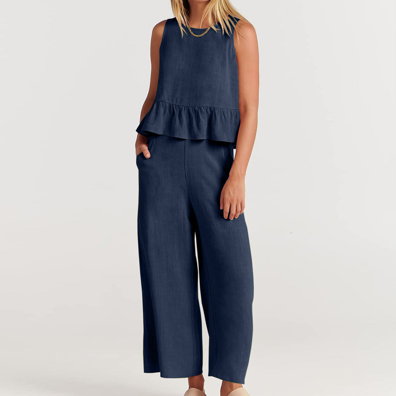 Women Sleeveless pleated tank top wide leg pants set