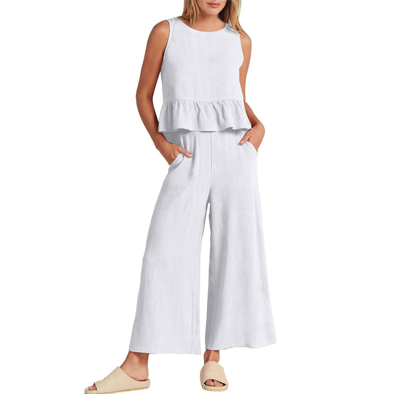 Women Sleeveless pleated tank top wide leg pants set