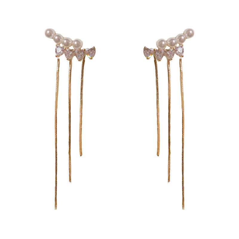 Simple Peral Curved Two-way Tassel Stud Earring