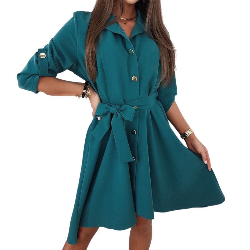 Solid Color Waist Button Belt Dress