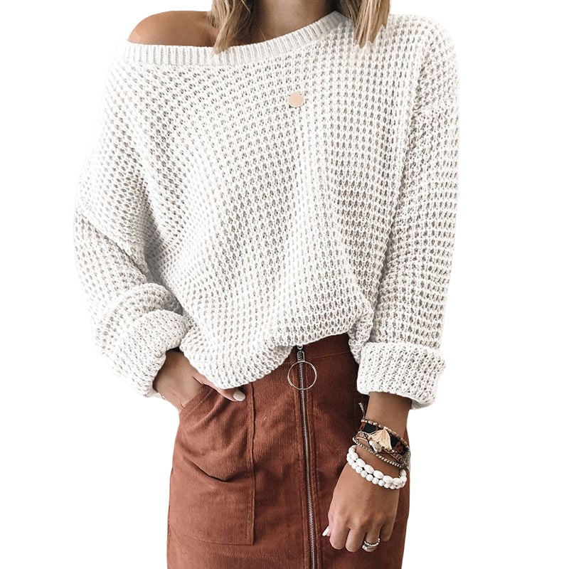 Ladies Solid Color Loose Diagonal Collar Long Sleeve Sweater