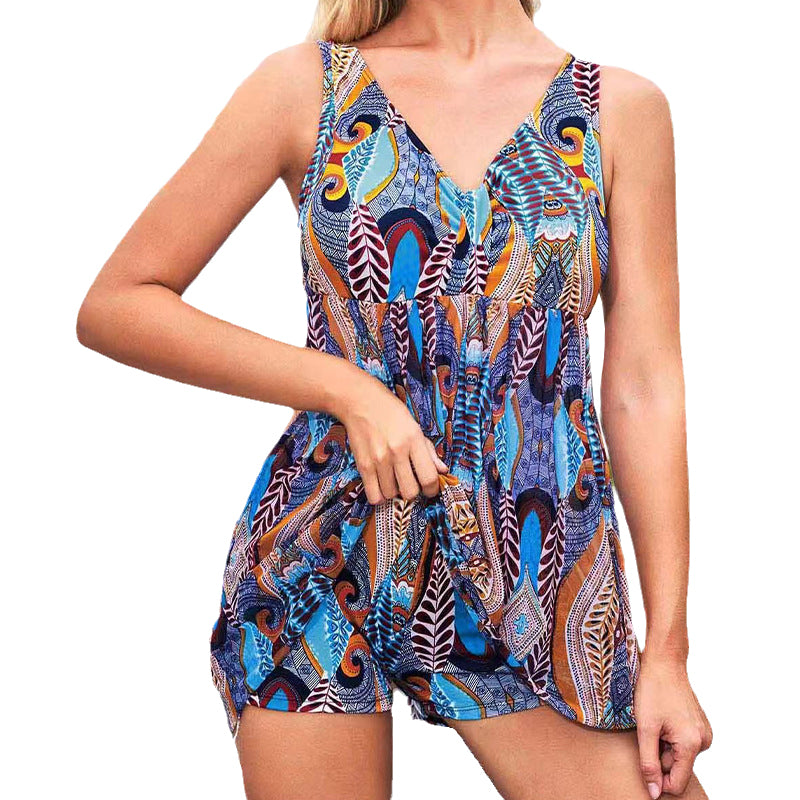High Waist Conservative Digital Print One-Piece Swimsuit