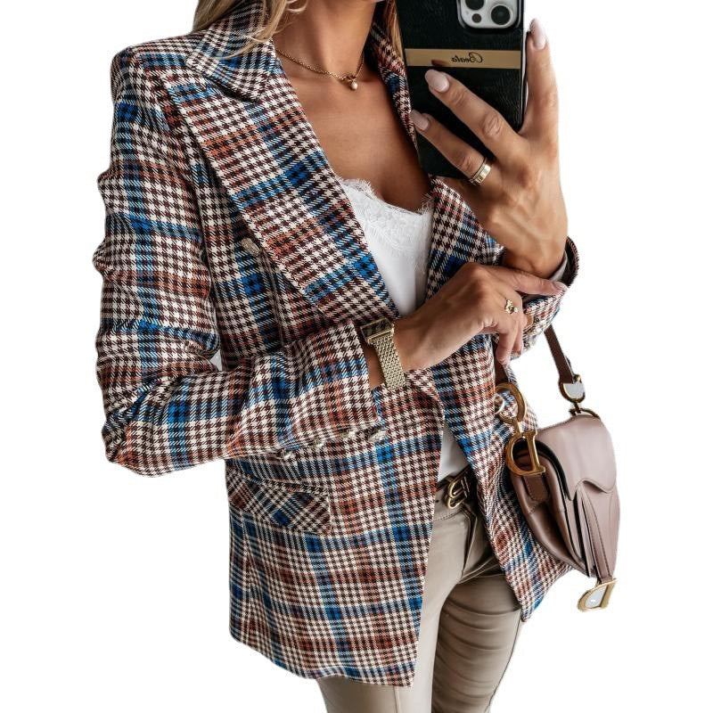 Women's Fashion Long Sleeve Suit Plaid Jacket