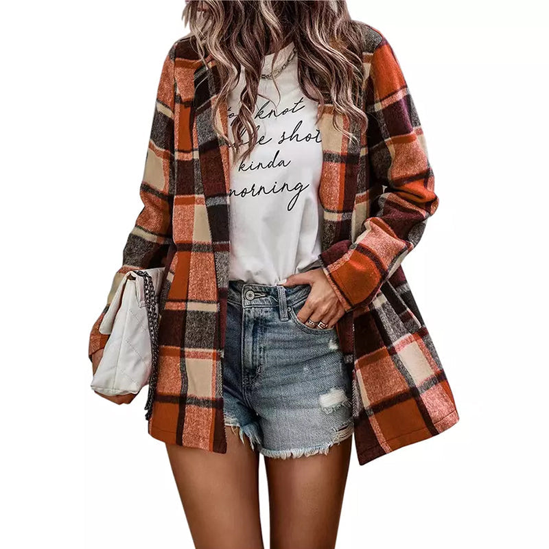 Check Print Long Sleeve Pocket Wool Jacket