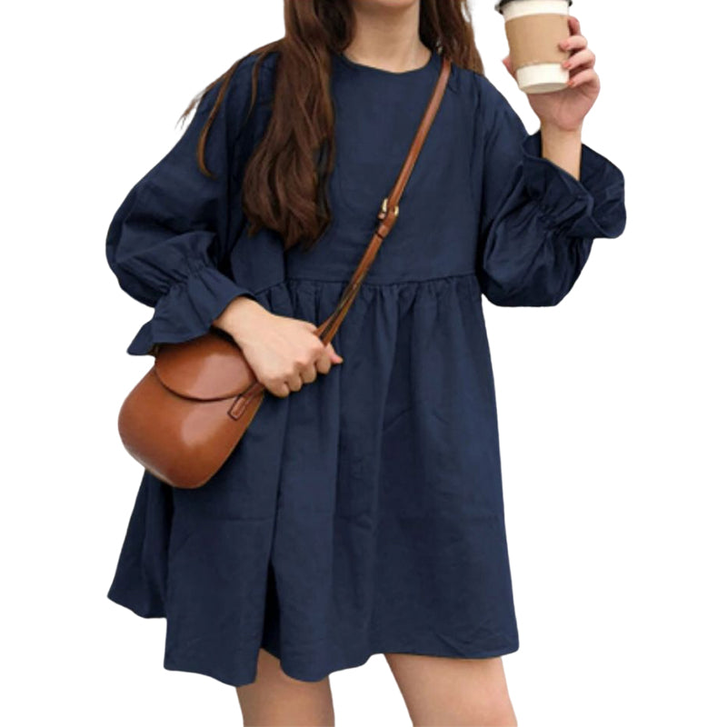 Long Sleeve Pleated Mini Cotton Linen Dress