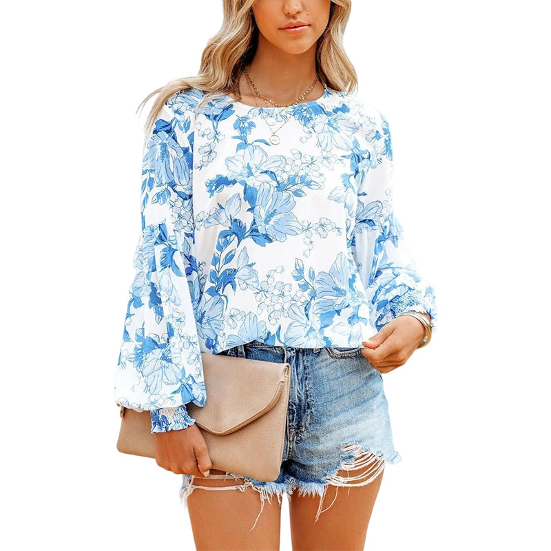 Fashion Print Balloon Sleeve Long Sleeve Top