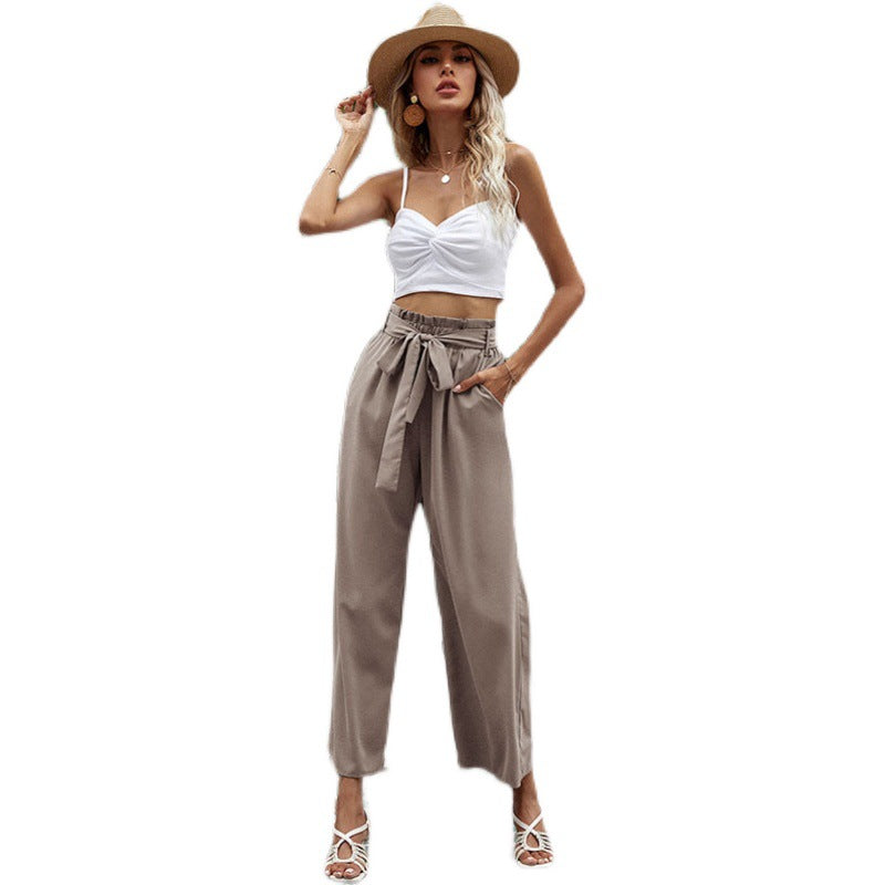 High Waist Solid Color Casual Wide Leg Pants