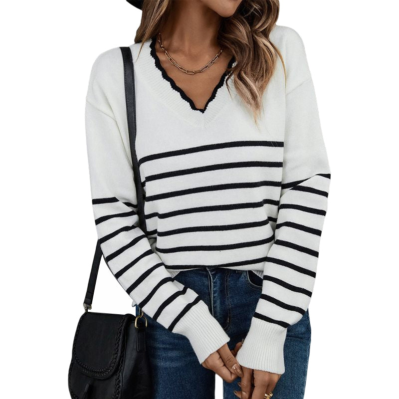 V-Neck Striped Knit Sweater