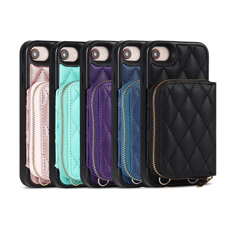 iPhone Phone Case Quilted Leather Wallet Case Card Holder with Crossbody Strap