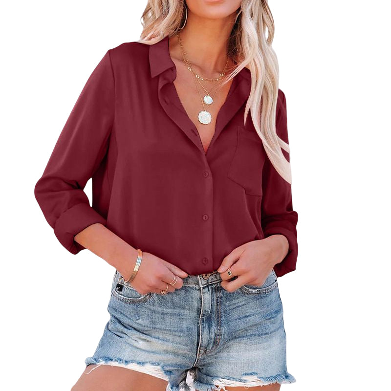 Satin Solid Long Sleeve V Neck Casual Shirt
