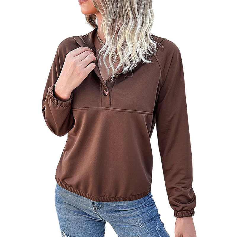 Ladies Casual Hooded Button Pullover Sweatshirt