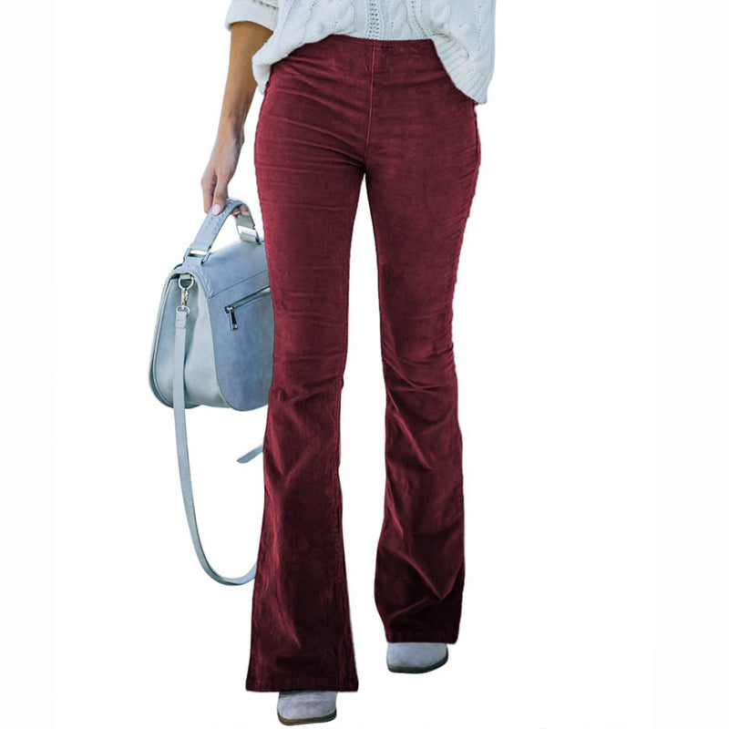 Women Corduroy Flare Pants Elastic Waist Bell Bottom Trousers