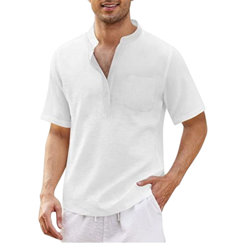 Men's Linen Cotton Shirt Black Stand Collar T-Shirt