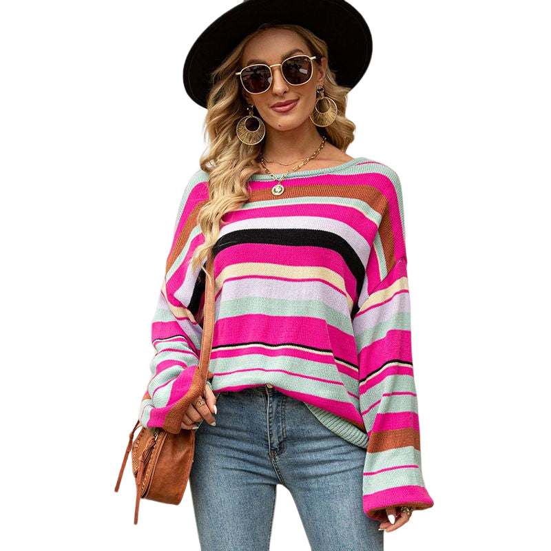 Women's Colorful Striped Crewneck Loose Knit Sweater