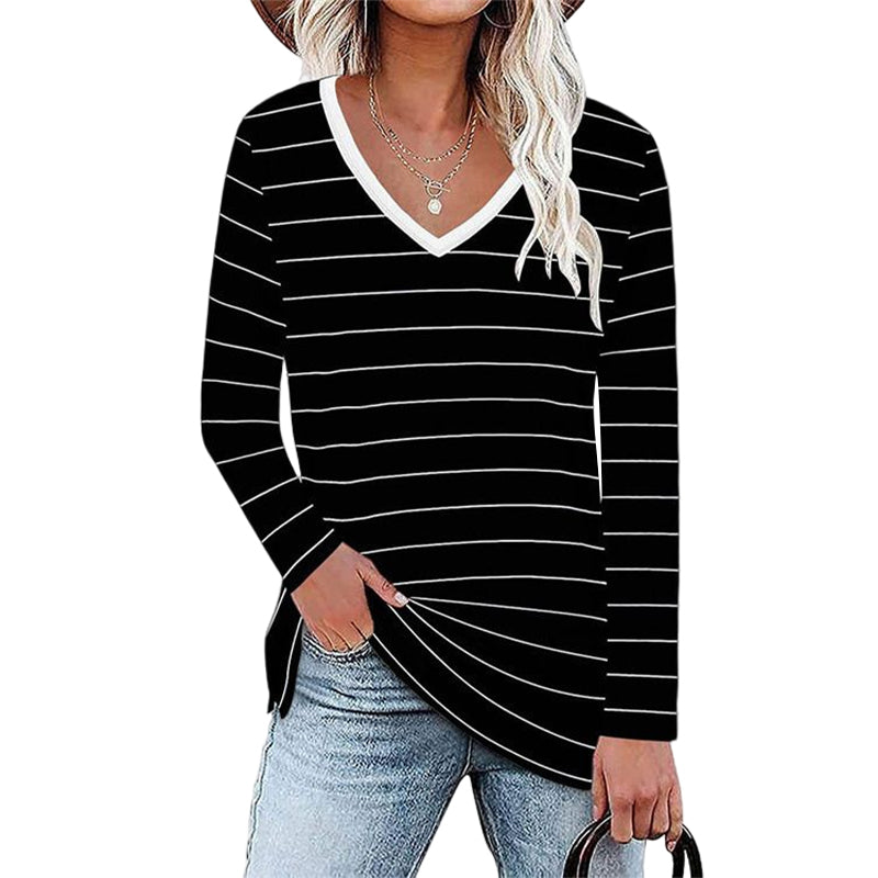 Long Sleeve V Neck Striped T-Shirt