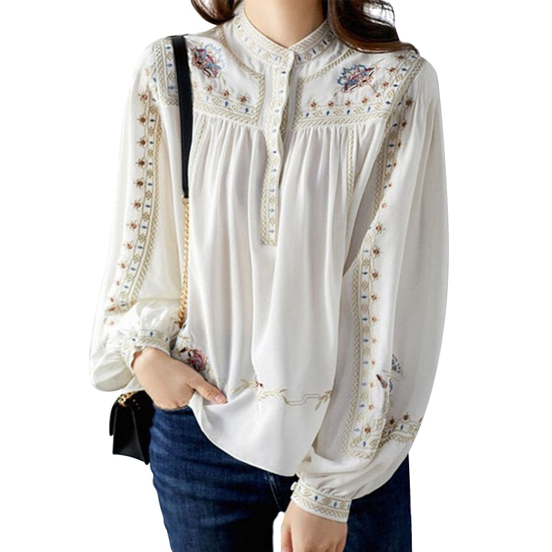 Elegant White Top Quality Embroideried Chiffon Blouse