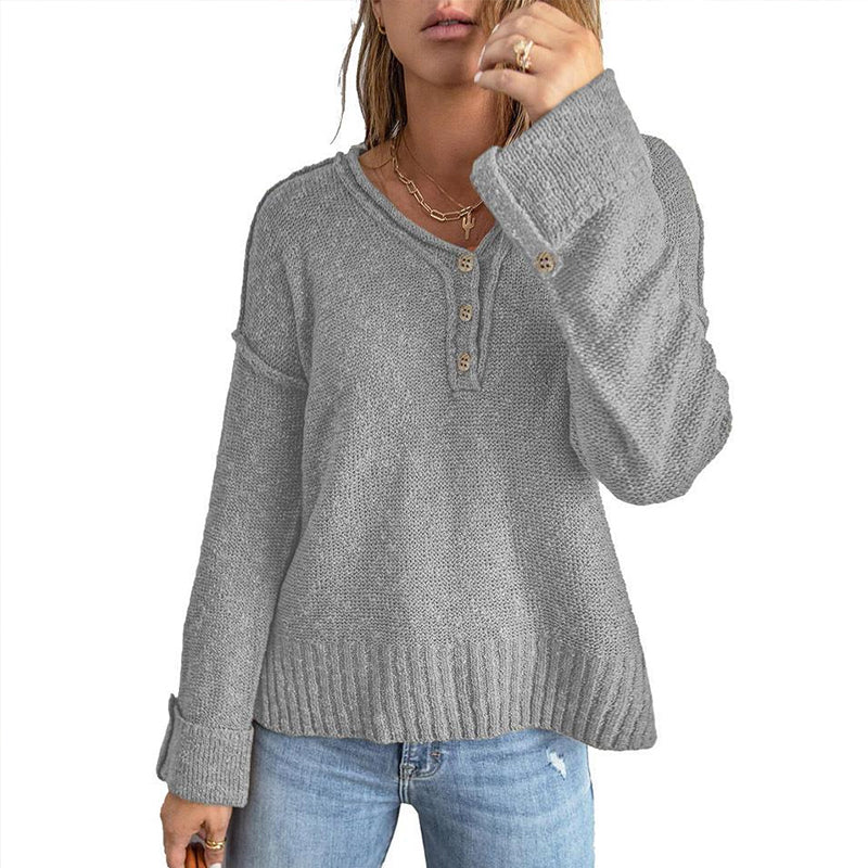 Button Knit Dropped Shoulder Sweater