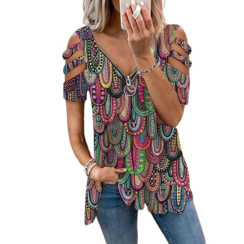 Zip V-neck Print T-shirt