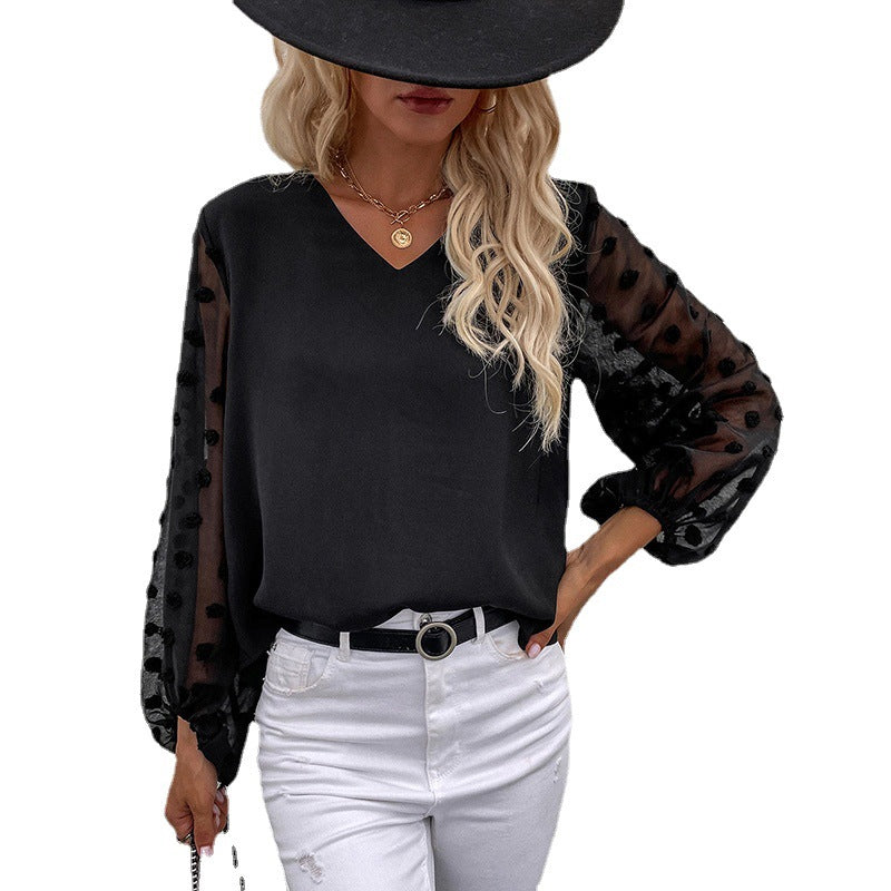 V-neck Long-sleeved Lace Chiffon Shirt