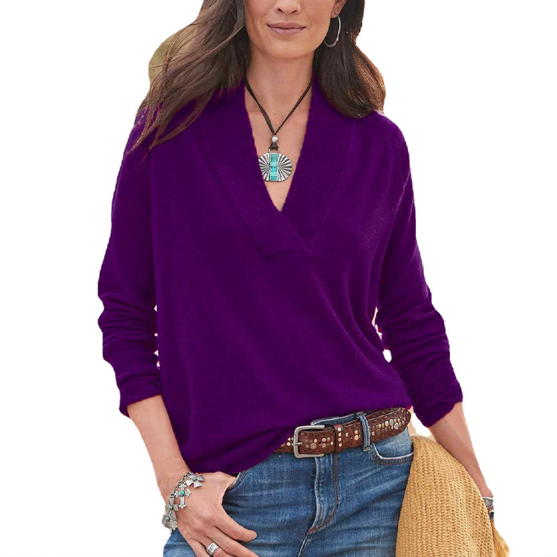 Solid Color Loose Long Sleeve V-Neck Pullover