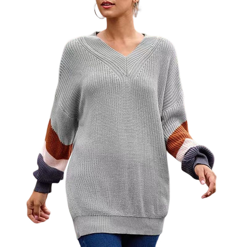 V-Neck Balloon Sleeve Striped Colorblock Knit Sweater