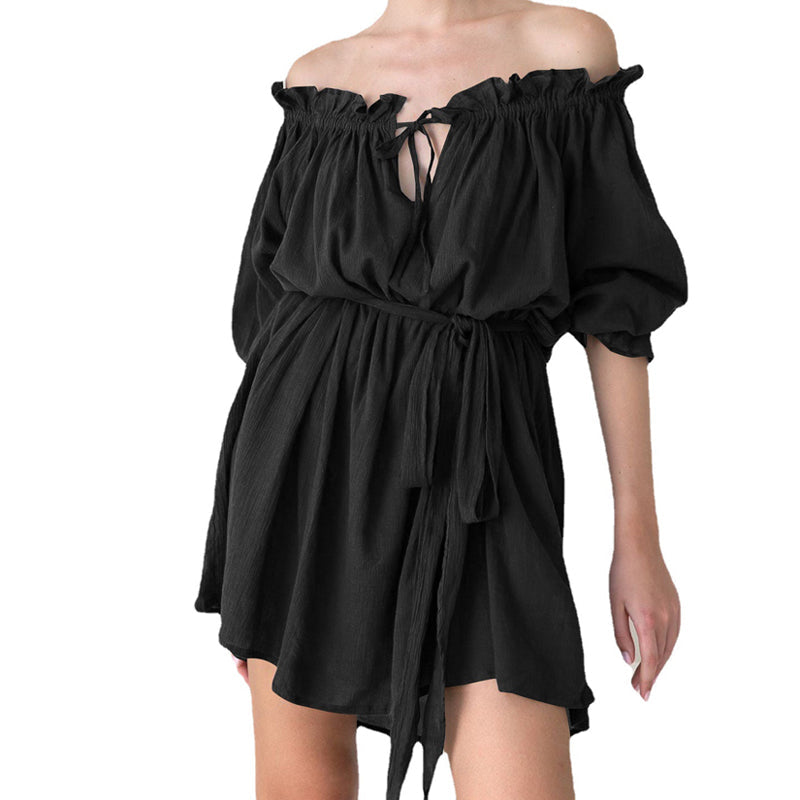 Offset Neck Tether Sexy Ruffle Dress