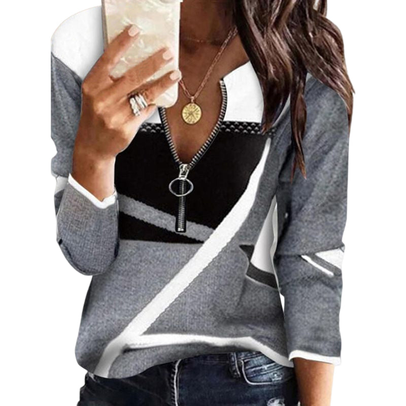 Women's Colorblock V-Neck Zip-Up Casual Sweatshirt