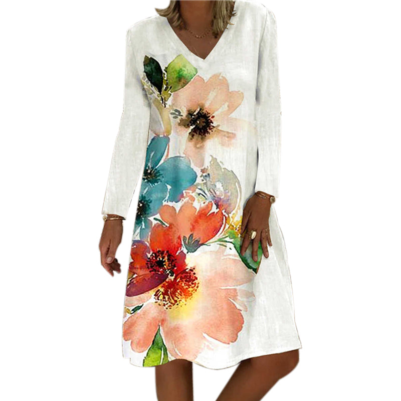 Printed Long Sleeve Crew Neck Dress