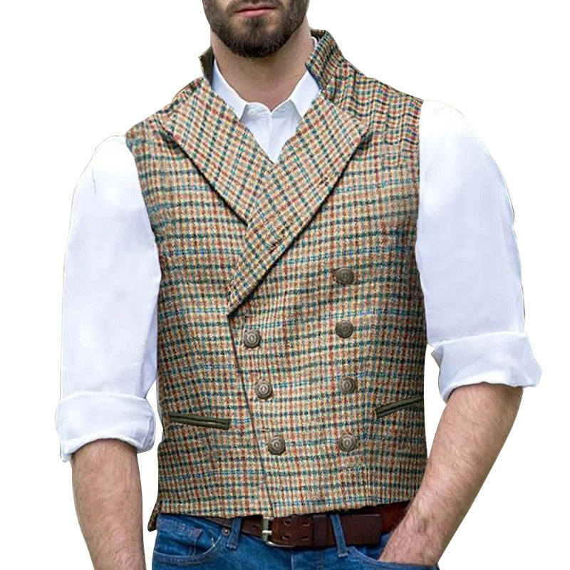 Check Double-Breasted Suit Collar Slim Cargo Vest