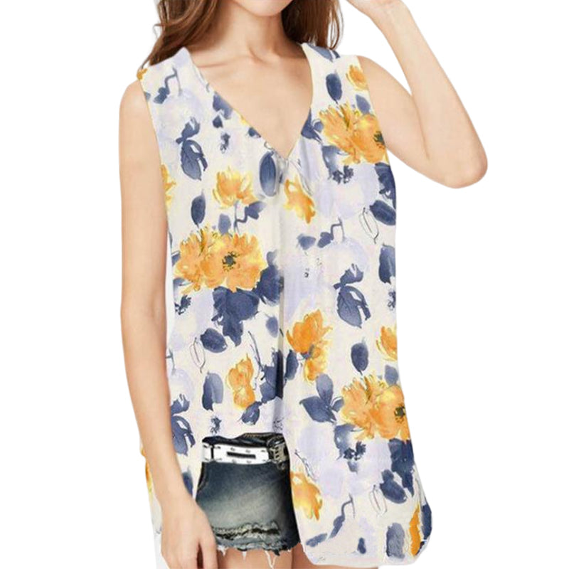 Loose Floral Print V-Neck Tank Top T-Shirt