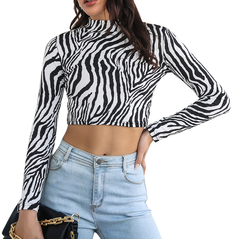 High-neck Leopard-print Cropped T-shirt