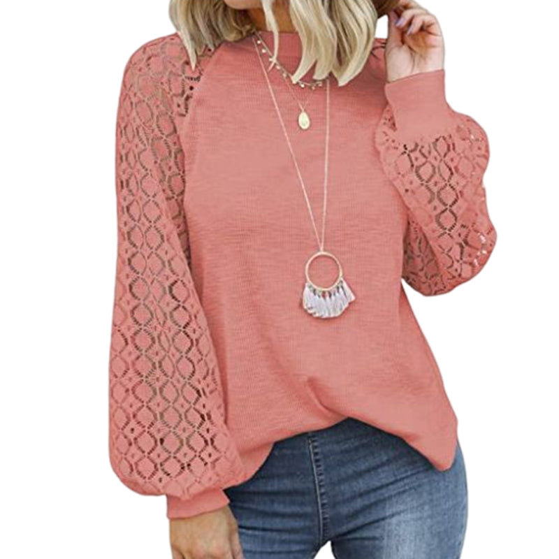 Round Neck Long Sleeve Lace Panel Loose T-Shirt