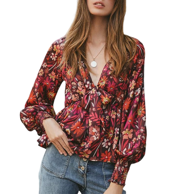 Printed Bow Tie High Waist Long Sleeve Top