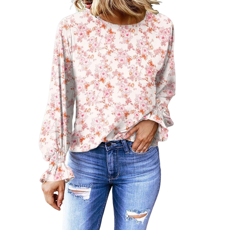 Floral Round Neck Balloon Sleeve T-Shirt