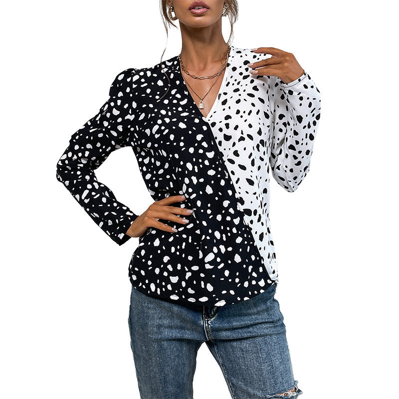 Stone Pattern V-Neck Long Sleeve Shirt