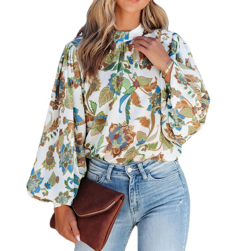 Stand Collar Balloon Sleeve Shirt