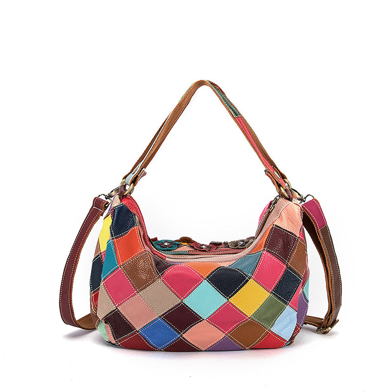 Multi-Color Floral Genuine Leather Boston Bag