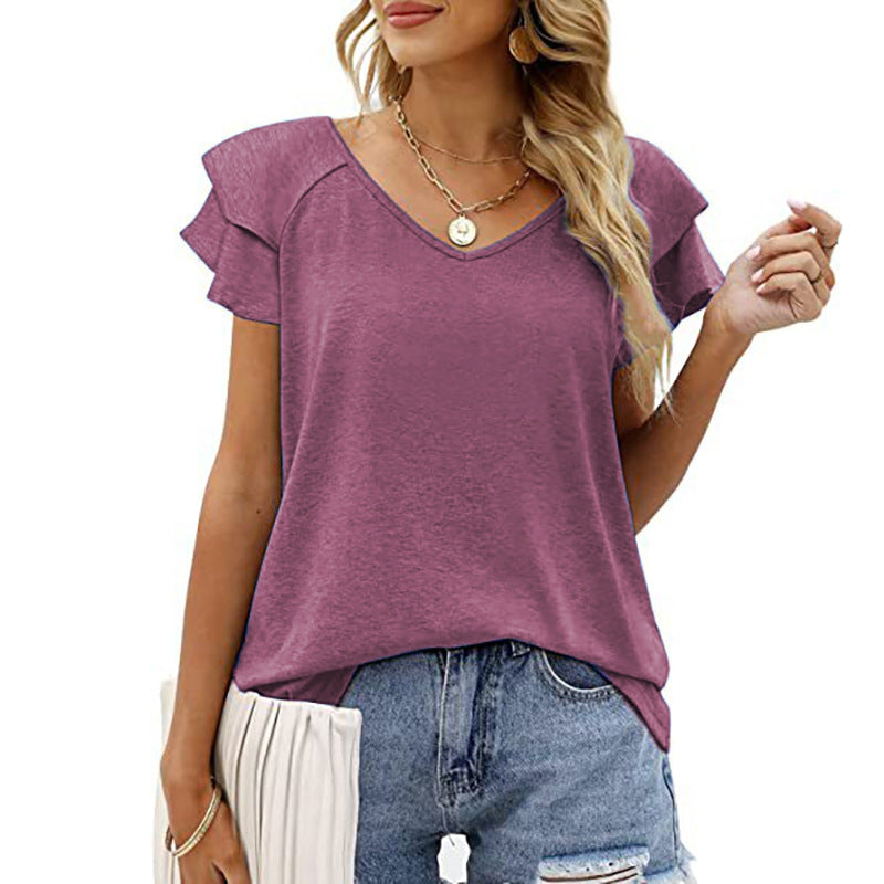 Women Casual V-Neck Irregular Lotus Leaf Sleeves T-shirt