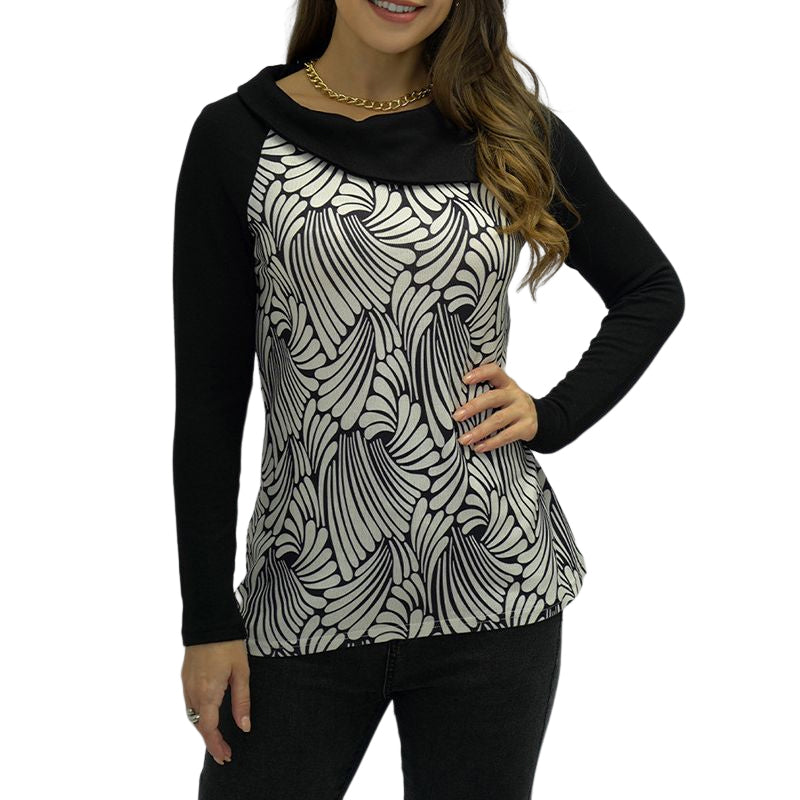 Ladies Long Sleeve Lapel Wave Pattern T-shirt